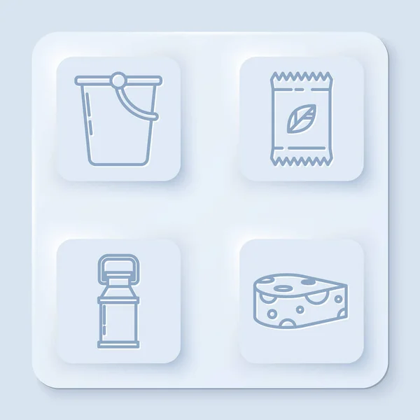 Set line Bucket, A pack full of seeds of a specific plant, Can container for milk and Cheese. White square button. Vector — 스톡 벡터