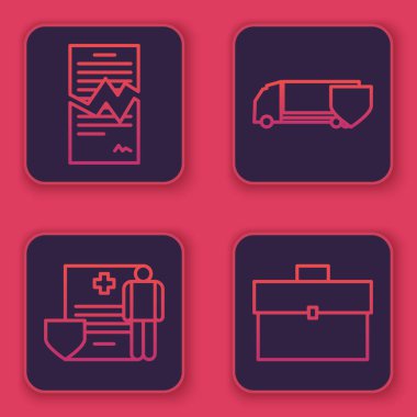 Hattı koparılmış kontrat, klinik kaydı olan tıbbi pano kalkan ve evrak çantalı kargo kamyonu. Mavi kare düğme. Vektör