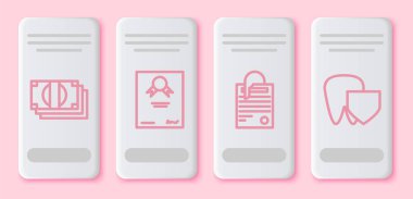 Sertifika şablonu, dosya dökümanı, ataç ve kalkanlı diş. Beyaz dikdörtgen düğme. Vektör