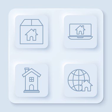 Ev, dizüstü bilgisayar ve akıllı ev, ev sembolü ve ev sembolü olan Globe 'lu karton kutuyu ayarla. Beyaz kare düğme. Vektör