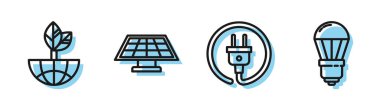 Elektrik prizi, Dünya küresi ve yaprağı, güneş enerjisi panelini ve Led ampul ikonunu ayarla. Vektör