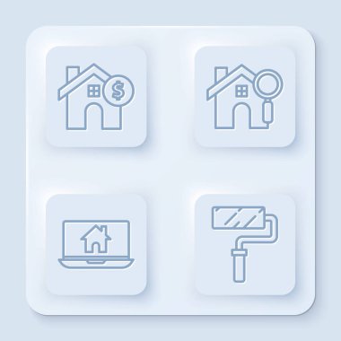 Evi dolar sembolü, arama evi, dizüstü bilgisayar, akıllı ev ve boya fırçası ile ayarla. Beyaz kare düğme. Vektör