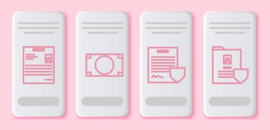 Kişisel belge, kağıt para yığını, rozetli anlaşma ve rozetli belge. Beyaz dikdörtgen düğme. Vektör