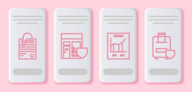 Satır dosya belgesi ve ataç, kalkanlı alışveriş binası, grafik grafikli belge ve seyahat bagaj sigortası ayarlayın. Beyaz dikdörtgen düğme. Vektör