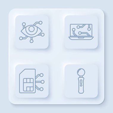 Sanal gerçeklik, dizüstü bilgisayar, Sim kart ve Gamepad 'i ayarla. Beyaz kare düğme. Vektör