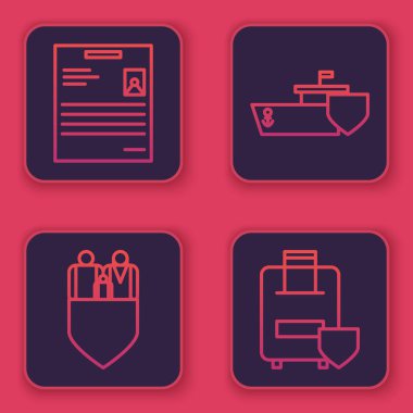 Kişisel belge, kalkanlı aile sigortası, kalkanlı gemi ve seyahat sigortası. Mavi kare düğme. Vektör