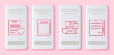 Kalkanla sözleşmeyi ayarlayın, boş form, klinik kaydı olan tıbbi dosya ve kalemle sözleşme. Beyaz dikdörtgen düğme. Vektör