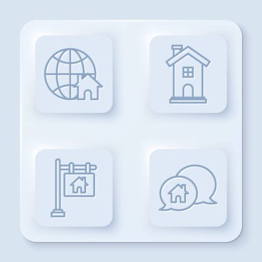 Globe 'u ev sembolü, ev sembolü, metin satışı ve House binası ile konuşma baloncuğu şeklinde bir tabela ile ayarla. Beyaz kare düğme. Vektör