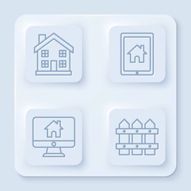 Çizgi ev sembolü, tablet ve akıllı ev, akıllı ev ve bahçe çitleri ahşap bilgisayar monitörü. Beyaz kare düğme. Vektör