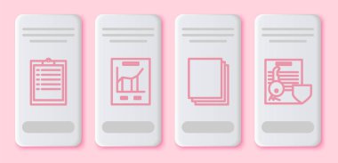 Satır Panosunu kontrol listesi ile ayarla, Grafik grafikli belge, Temiz kağıt ve rozetli anahtar ile belge. Beyaz dikdörtgen düğme. Vektör