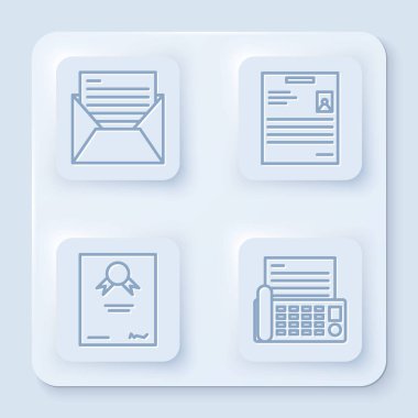 Satır satırı, e- posta, kişisel belge, sertifika şablonu ve faks makinesini ayarla. Beyaz kare düğme. Vektör