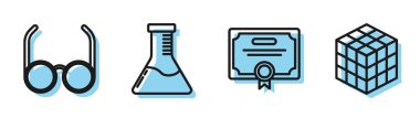 Sertifika şablonu, gözlük, test tüpü, matara kimya laboratuvarı ve Rubik küp simgesini ayarla. Vektör
