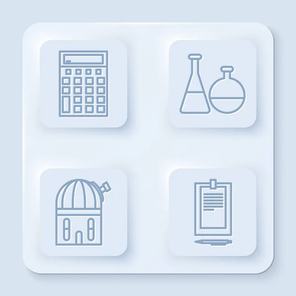 Set line Calculator, Test tube and flask chemical laboratory, Astronomical observatory and Clipboard with document. White square button. Vector — Stock Vector