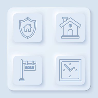 House 'u kalkanla, House' u asma tabelasını satıldı ve saatle ayarla. Beyaz kare düğme. Vektör