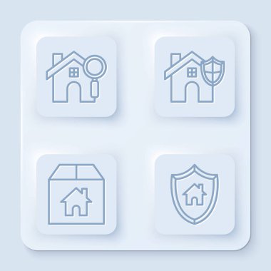 Hattı ayarla. Arama evi, kalkanı olan ev, evi olan karton kutu ve kalkanı olan ev. Beyaz kare düğme. Vektör