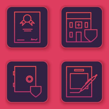 Sertifika şablonu, kalkanla güvenli tıbbi hastane binası, kalkan, boş defter ve kalem. Mavi kare düğme. Vektör