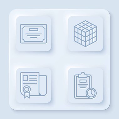 Satır Sertifika şablonu, Rubik küp, Sertifika şablonu ve saat ile Sınav kağıdını ayarla. Beyaz kare düğme. Vektör