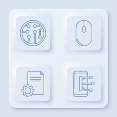 Satır İşlemcisi, Bilgisayar faresi, Dosya belgesi ve Akıllı Telefon, cep telefonu. Beyaz kare düğme. Vektör