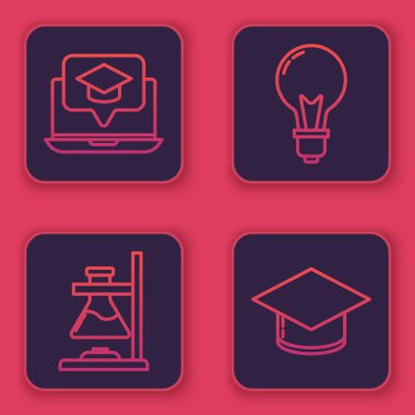 Dizüstü bilgisayarda mezuniyet şapkası, cam test tüpü tüpü alev aldı fikir ve mezuniyet şapkası konsepti olan ampul yandı. Mavi kare düğme. Vektör