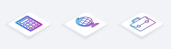 Set Isometric line Calculator, Earth globe and Briefcase. White square button. Vector — 스톡 벡터