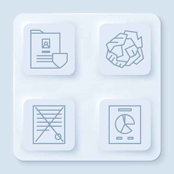 Liniendokument mit Schild, zerknüllter Papierkugel, Dateidokument löschen und Dokument mit Diagrammdiagramm. weiße quadratische Taste. Vektor — Stockvektor