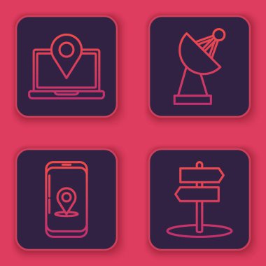 Dizüstü bilgisayarı konum işaretleyicisiyle, şehir haritası navigasyonunun bilgileriyle, Radar ve trafik işaretleriyle ayarla. Mavi kare düğme. Vektör