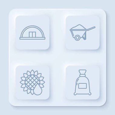 Hangar, çamurlu el arabası, ayçiçeği ve un torbası. Beyaz kare düğme. Vektör