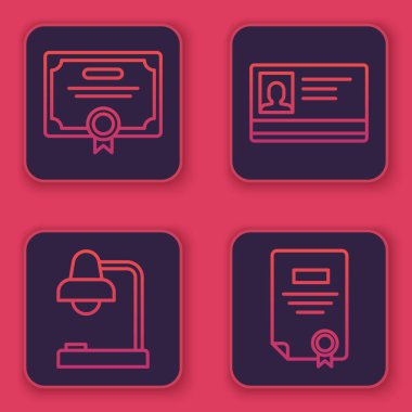 Sertifika şablonu, masa lambası, kimlik kartı ve sertifika şablonu ayarlayın. Mavi kare düğme. Vektör