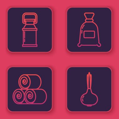 Süt, saman rulosu, un ve soğan için set konteynırı. Mavi kare düğme. Vektör