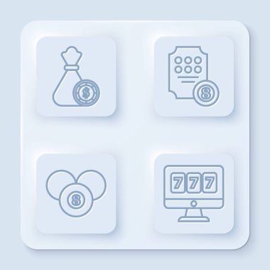 Para çantası ve kumarhane fişleri, online kumar makinesi, bilardo bilardo bilardo topu 8 top ve şanslı yedili kumar makinesi. Beyaz kare düğme. Vektör