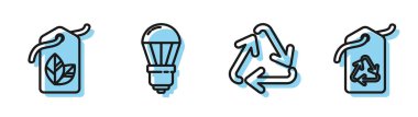 Satır Geri Dönüşüm sembolü, Yaprak sembollü Etiket, Geri Dönüşüm sembollü Led ampul ve Etiket. Vektör