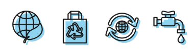 Gezegen ve geri dönüşüm hattı, toprak küre ve yaprak, geri dönüşümlü kağıt alışveriş torbası ve musluk ikonu. Vektör