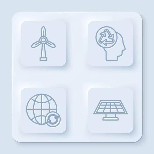 Set Line Windturbine, menschlicher Kopf mit Recycling, Planet Erde und ein Recycling-und Solarenergie-Panel. weiße quadratische Taste. Vektor — Stockvektor