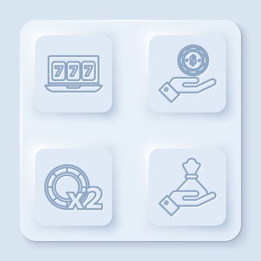 Online kumar makinesi, şanslı 7 'ler ikramiyesi, kumarhane fişleri, kumarhane fişleri ve el çantası. Beyaz kare düğme. Vektör