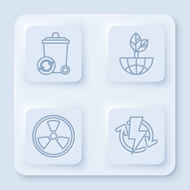 Geri dönüşüm sembolü, Dünya küresi ve yaprağı, radyoaktif ve şarj edici olarak geri dönüşüm kutusunu ayarla. Beyaz kare düğme. Vektör
