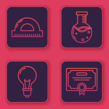 Ölçüm dereceleri, fikir kavramına sahip ampul, test tüpü ve matara kimya laboratuvarı ve sertifika şablonu için hat açıcı ızgarası ayarlayın. Mavi kare düğme. Vektör