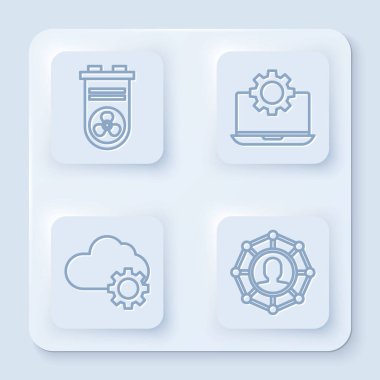 Hat video kartı, dizüstü bilgisayar ve teçhizat, Bulut teknolojisi veri transferi ve depolama ve Proje ekibi üssü ayarlayın. Beyaz kare düğme. Vektör