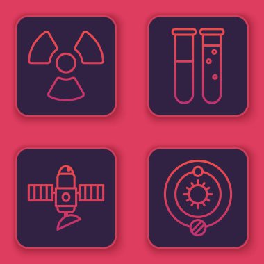 Radyoaktif, uydu, test tüpü, matara kimya laboratuvarı ve güneş sistemini ayarlayın. Mavi kare düğme. Vektör