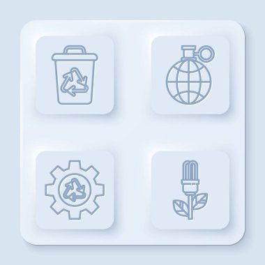 Geri dönüşüm sembolü, geri dönüşüm sembolü, geri dönüşüm sembolü, geri dönüşüm sembolü ve teçhizat ve yapraklı ampulü sıraya dizin. Beyaz kare düğme. Vektör