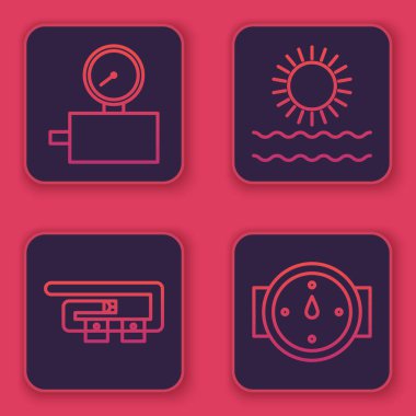 Çizgi ölçeği, dalış kemeri, güneş ve dalgalar ve rüzgar yükseldi. Mavi kare düğme. Vektör