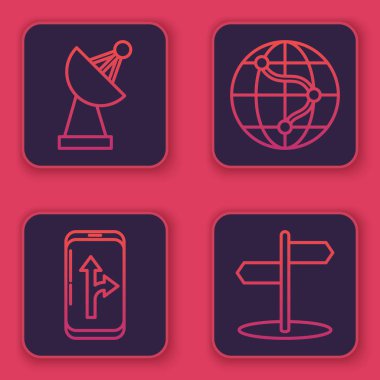 Radar hattı, şehir haritası navigasyonunun Infographic 'i, dünya ve trafik işaretinin konumu. Mavi kare düğme. Vektör