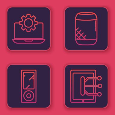 Dizüstü bilgisayar ve teçhizat, müzik çalar, ses asistanı ve tablet ayarla. Mavi kare düğme. Vektör