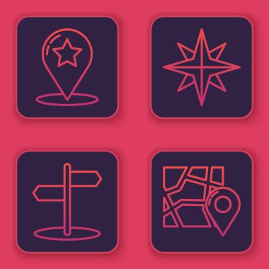 Çizgi haritasını yıldızlı, trafik işaretli, rüzgar yükselen ve konum işaretli katlanmış haritalı ayarla. Mavi kare düğme. Vektör