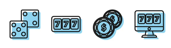 Set line Casino chip with dollar, Game dice, Slot machine with lucky sevens jackpot and Online slot machine with lucky sevens jackpot icon. Vector — ストックベクタ