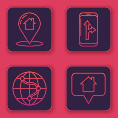 Ev ile çizgi haritası işaretleyicisini, dünyadaki konumu, şehir haritası navigasyon bilgisini ve ev ile harita işaretleyicisini ayarla. Mavi kare düğme. Vektör