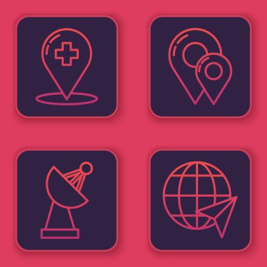 Hastahane çapraz radarına, harita iğnesine ve dünyanın neresinde olduğuna dair tıbbi harita işaretleyicisi yerleştir. Mavi kare düğme. Vektör