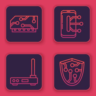 Hat Ram, rastgele erişim belleği, Router ve wi-fi sinyali, akıllı telefon, cep telefonu ve siber güvenlik. Mavi kare düğme. Vektör