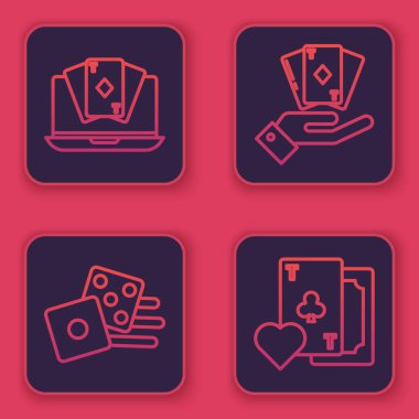 Online poker masası oyunu, oyun zarları, iskambil kağıtlarının el ele tutulması ve kulüp sembollü iskambil kartları. Mavi kare düğme. Vektör