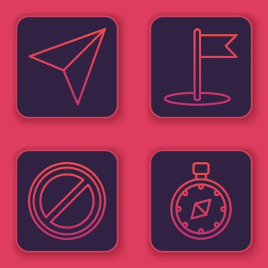 Kağıt uçak, dur işareti, bayrak ve pusula. Mavi kare düğme. Vektör