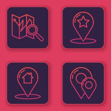 Satır Katlanmış Haritayı konum işaretleyicisi ile, Harita işaretçisini ev ile, Harita işaretçisini yıldız ve harita iğnesiyle ayarla. Mavi kare düğme. Vektör